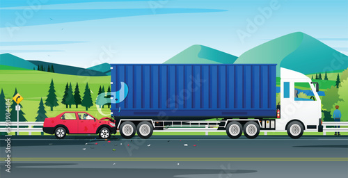 The car hit the back of a truck whose driver was parked on the highway.