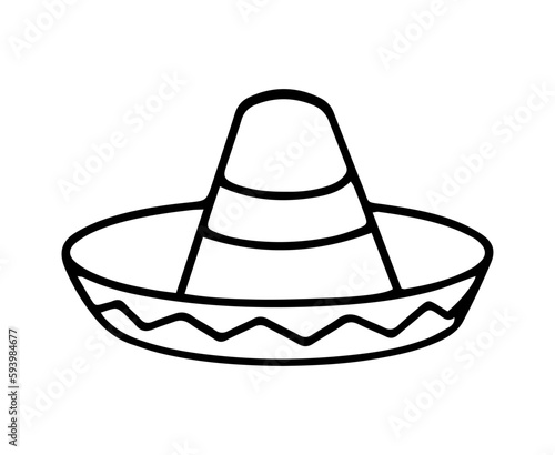 Mexican sombrero with ornament design on top. Vector icon of traditional mexican hat in black and white colors