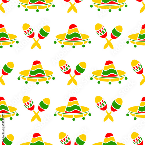 Sombrero hats and Maracas doodle illustration seamless pattern. Vector hand drawn background of Mexican fiesta party and Cinco de Mayo holiday.