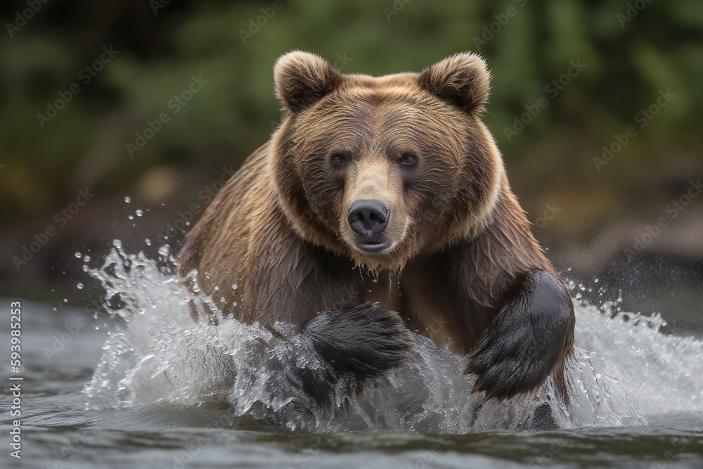 Grizzly Bär in Fluss bei der Jagd nach Lachs erstellt mit Generative AI Technik