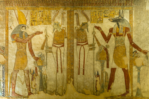 Paintings in the tomb of Sethos II, Valley of the kings, Egypt photo