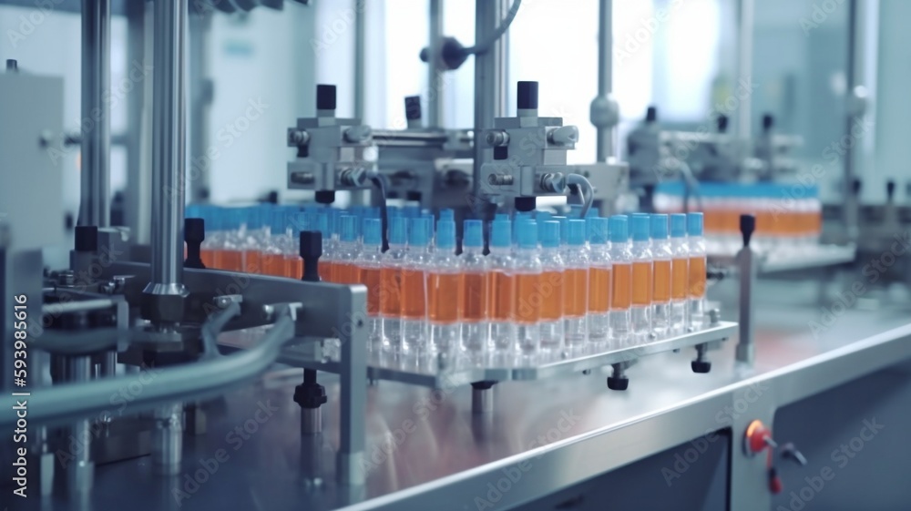 Production Line for Medical Ampoules at a Contemporary Pharmaceutical Facility.The manufacturing process for medications involves filling glass ampoules. The Generative AI