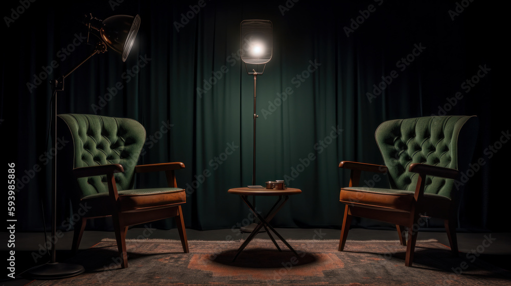 Stylish interior, two chairs, studio light, interview scene. Al generated - obrazy, fototapety, plakaty 