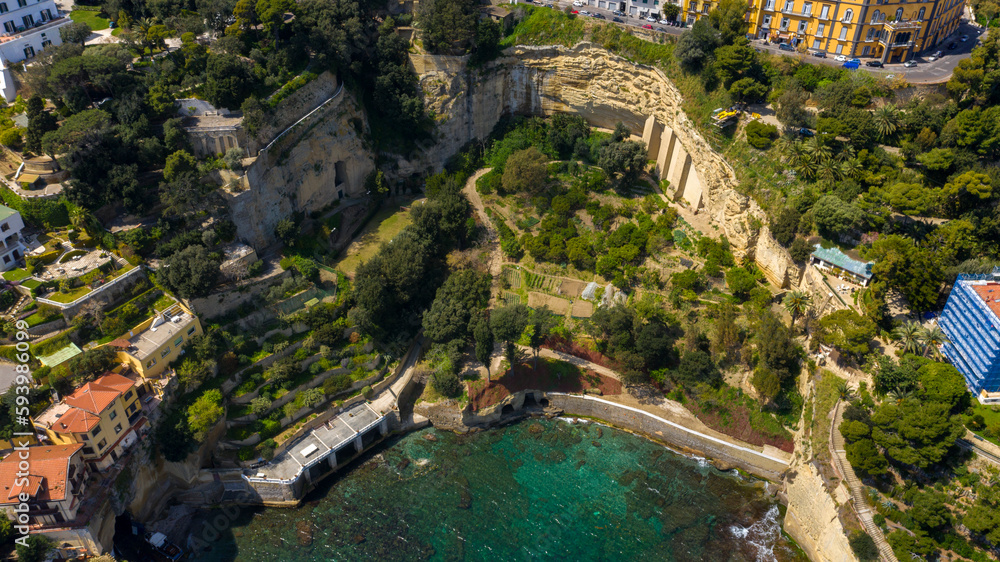Aerial view of Marechiaro gulf. It is located in the Posillipo district in Naples, Italy. It is a small artificial gulf of the Tyrrhenian Sea.