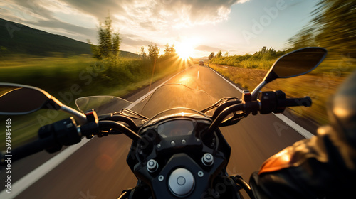 Motorradfahrer zum Sonnenuntergang KI