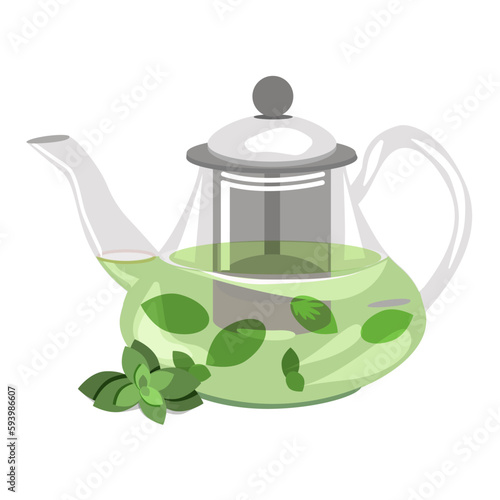 Glass teapot with mint tea, isolated on a white background.Vector composition of a tea party.