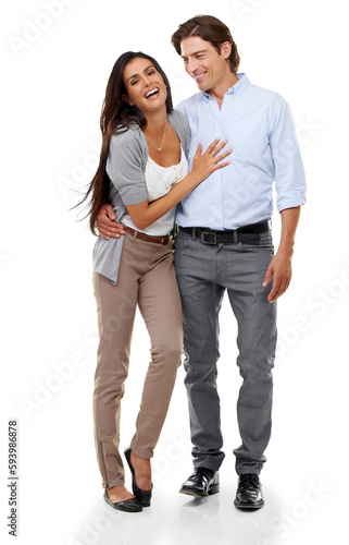 Hug, love and portrait of couple laugh together on isolated, png and transparent background. Relationship, marriage and happy man and woman hugging, embrace and bonding for valentines day romance