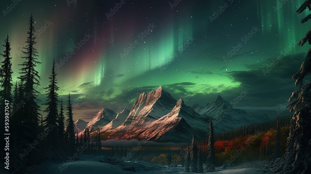 Night with an aurora borealis in the sky. Generative AI. Night with an aurora borealis in the sky. Generative AI.