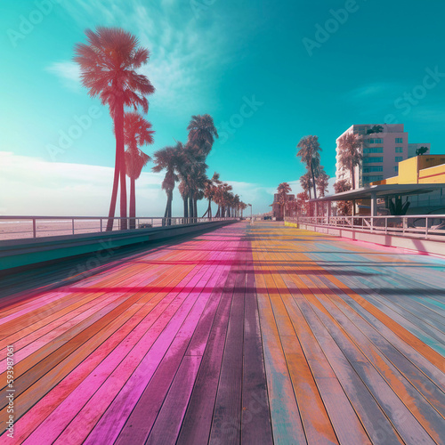 Sunny beach boardwalk whit palm trees, retro style, Generative AI