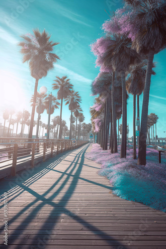 Sunny beach boardwalk whit palm trees, retro style, Generative AI