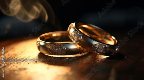 Elegant wedding rings are made of gold. Close-up, macro. Dark background. Al generated