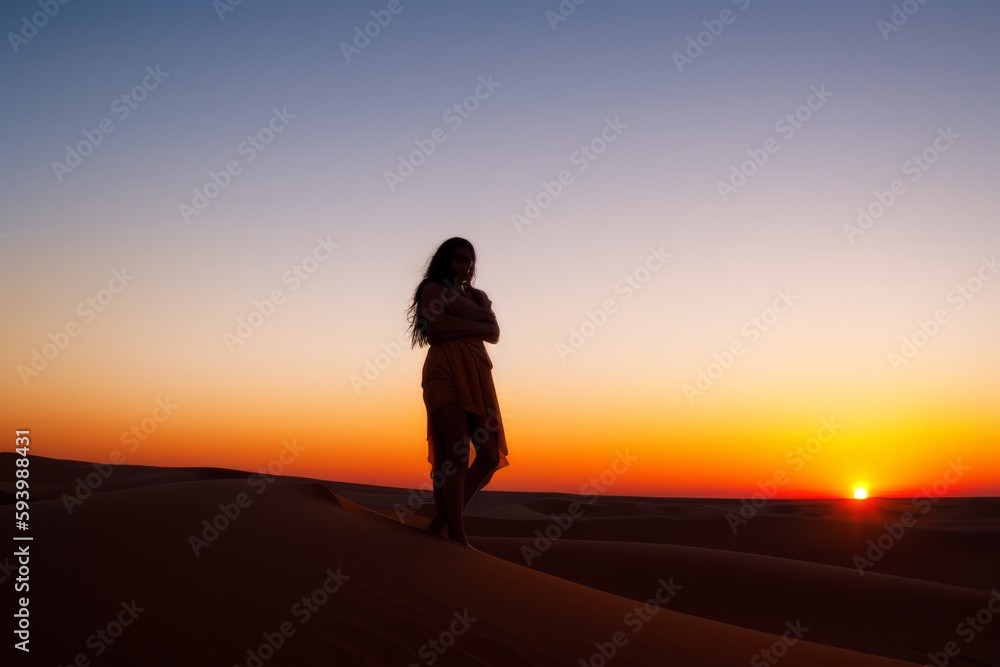 silhouette of person walking on the sand at sunset