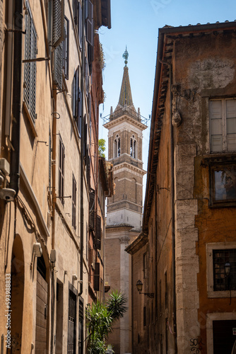Side road view of a tower in Florence, Italy