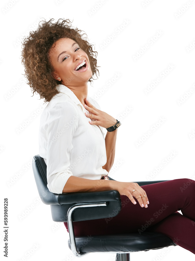 A Business woman, smile and laughing in chair while sitting. Portrait of isolated happy female worker smiling in happiness and laugh for joke or meme on isolated on a transparent png background