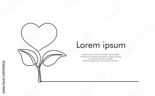 Single continuous one line art growing sprout with heart. Plant leaves and heart, seedling eco natural concept design. Illustration with quote template.