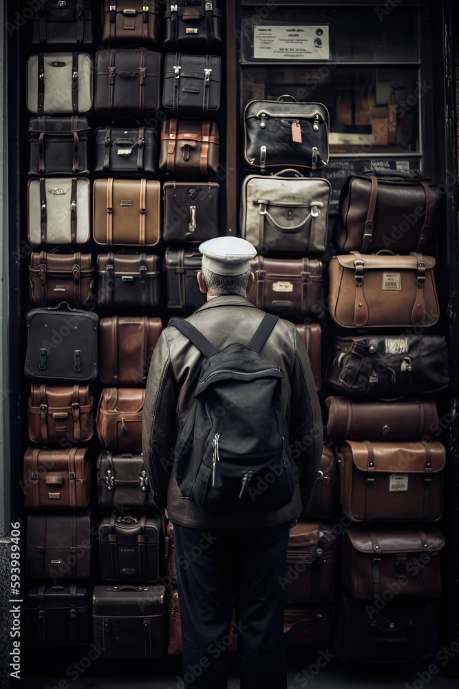 Man in a sailor cap observing a wall of vintage suitcases.