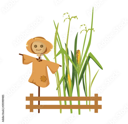 Concept field garden scarecrow. The illustration is a flat, vector, cartoon-style design of a scarecrow in a farm or garden setting, with a granary visible in the background. Vector illustration.