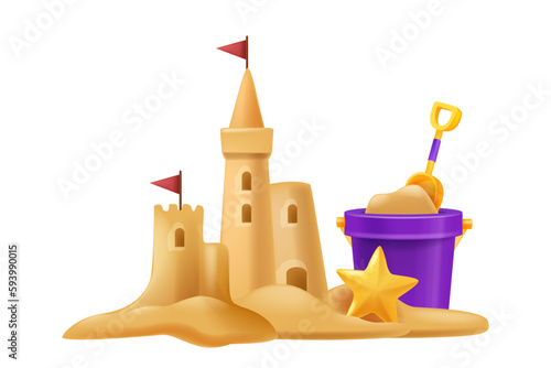 3D sand castle summer illustration, vector beach kids vacation building, bucket, shovel, sea star. Cartoon travel architecture medieval house, children outdoor tropical game. Sand castle shore clipart