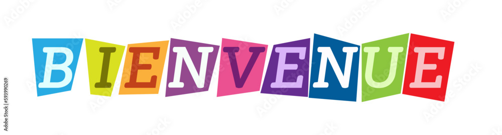 French language. Vector template for a welcome banner. Welcome sign on multicolored polygons.. French language. Vector template for a welcome banner. Welcome sign on multicolored polygons..
