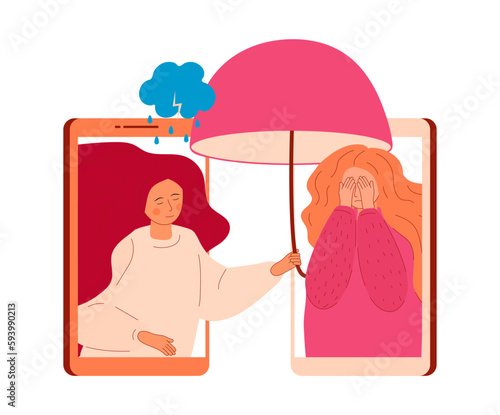 Online psychology help. Sad, crying woman with long hair. Panic attack of woman concept vector. Doctor of psychiatry taking umbrella and protect from rain.