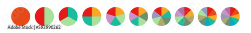 set of colored pie charts for 1,2,3,4,5,6,7,8,9,10 steps or sections to illustrate a business plan, infographic, reporting.