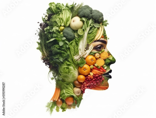 Human face head made of vegetables showing green healthy vegetarian vegan lifestyle  with bright background  Illustration  generative AI