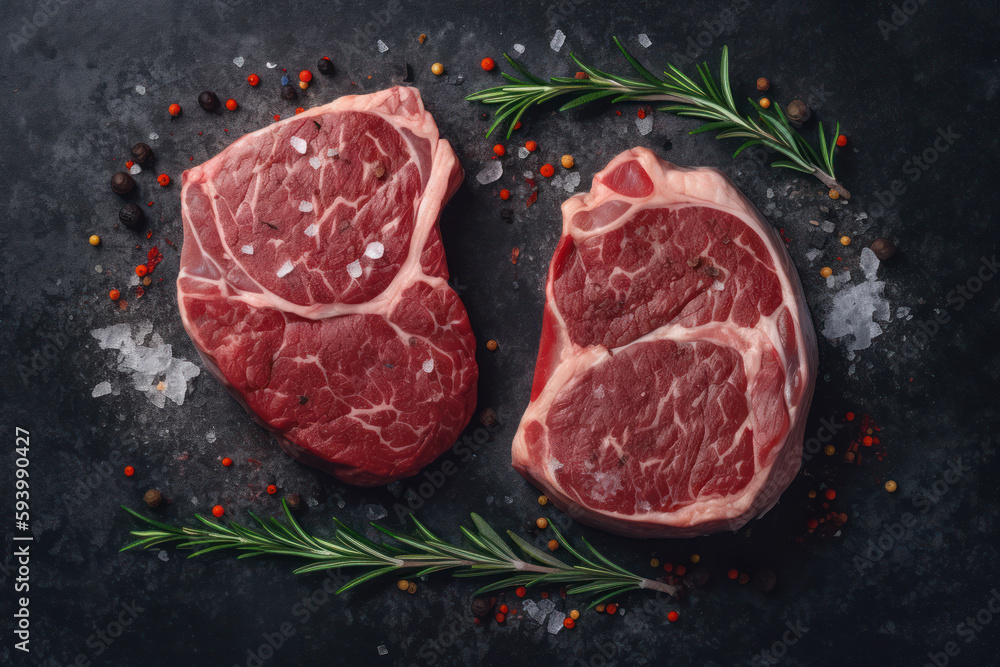 Two raw steaks on dark shale background, generative AI