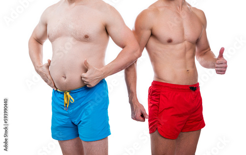 image of men with belly abs comparison, thumb up. belly abs comparison of men © be free