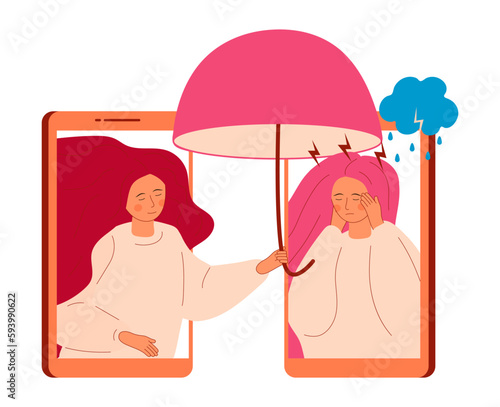 Online psychology help. Sad, crying woman with long hair. Panic attack of woman concept vector. Doctor of psychiatry taking umbrella and protect from rain.