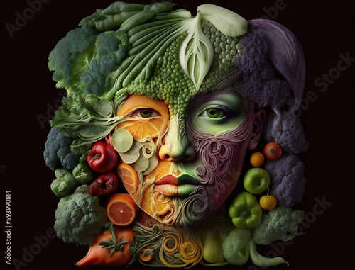 Human face head made of vegetables showing green healthy vegetarian vegan lifestyle, with dark background, Illustration, generative AI