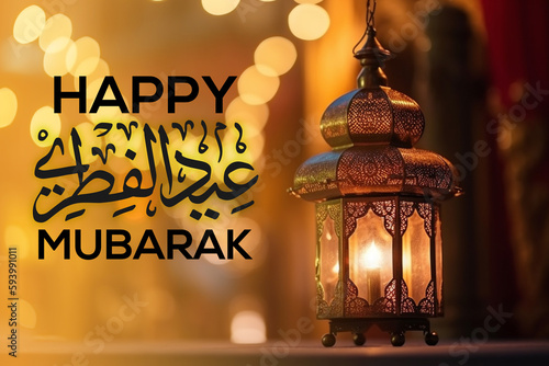 Happy Eid Fitr Mubarrak. Tradional ornate lantern over blur background. Generative AI photo