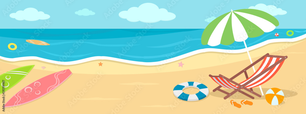 Happy summer sand beach banner vector illustration, colorful background of deck chair, umbrella, swim ring, surfboard, ball, starfish, shell on sea shore coast, bright life outdoor activity sunny day