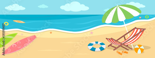 Happy summer sand beach banner vector illustration  colorful background of deck chair  umbrella  swim ring  surfboard  ball  starfish  shell on sea shore coast  bright life outdoor activity sunny day