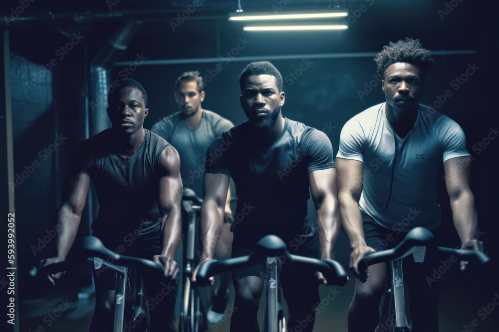 Crowd of men training on exercise bikes at the gym, Generative AI Crowd of men training on exercise bikes at the gym, Generative AI