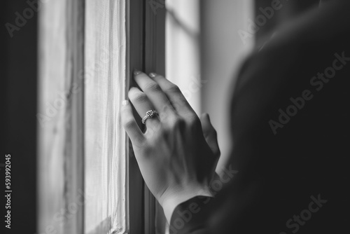 Woman's hand with engagement ring standing by the window, Generative AI