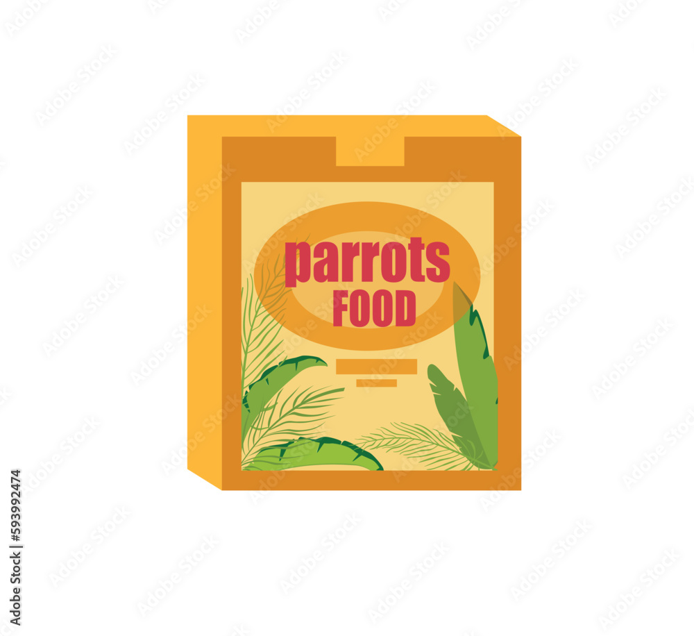 Concept Pet zoo parrots food. This illustration features a flat, vector, cartoon-style design concept of a pack of food for a parrot, set against a clean white background. Vector illustration. Concept Pet zoo parrots food. This illustration features a flat, vector, cartoon-style design concept of a pack of food for a parrot, set against a clean white background. Vector illustration.