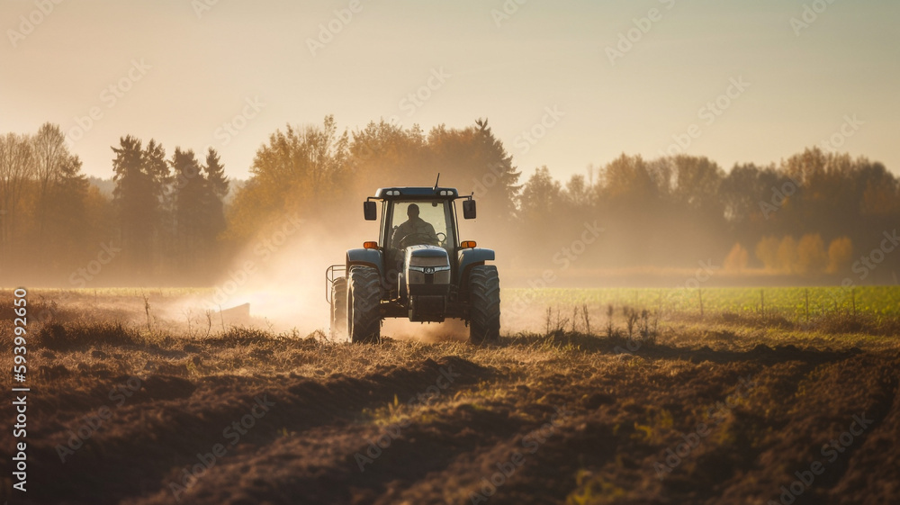 Fototapeta premium farmer man plowing a field with a tractor at the morning