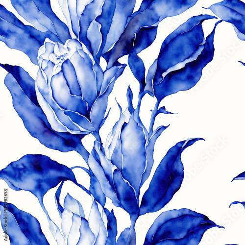 Blue Watercolor Seamless Flowers, Floral Porcelain, Blooms photo