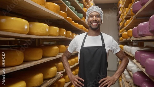 Handsome African American man working in successful facility. Producing diary goods. Standing in cheese storage. Smiling into camera and looking satisfied with completed work. Farming industry. photo