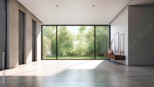 contemporary empty room with a view of nature 3D rendering of the room with the living room in the background shows concrete floors. The room also gets sunlight.The Generative AI