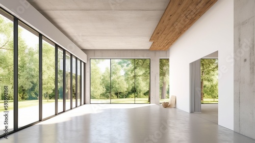 contemporary empty room with a view of nature 3D rendering of the room with the living room in the background shows concrete floors. The room also gets sunlight.The Generative AI © Satawat