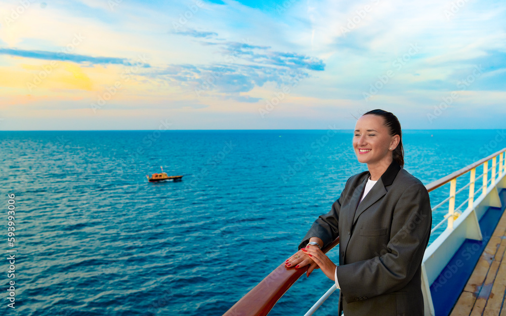 happy woman has business trip at seascape, copy space. woman has business trip outdoor. happy woman has business trip at seascape, copy space. woman has business trip outdoor.