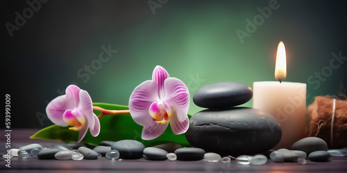 Spa composition with alight candles and beautiful flowers on wooden background. Massage therapy for one person with candle light. Digital art