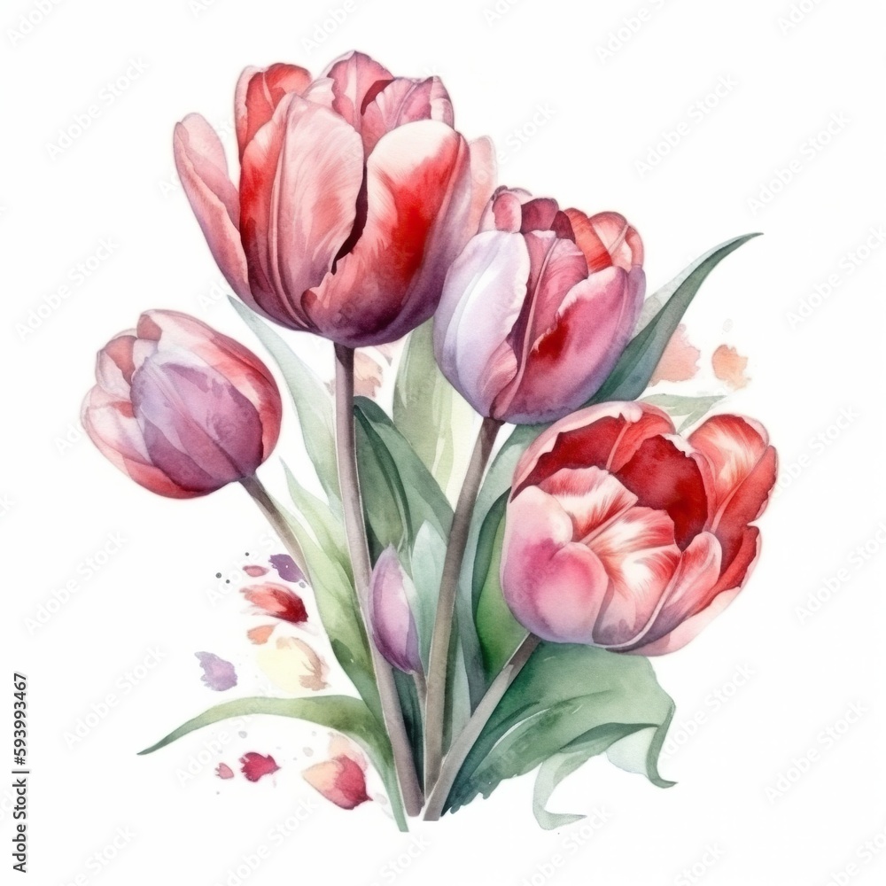 Fototapeta premium Watercolor Tulips Bouquet on White Background. A Stunning Artistic Creation. Generated AI.