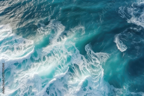 Spectacular aerial top view background photo of ocean sea water white wave splashing in the deep sea. Drone photo backdrop of sea wave in bird eye waves