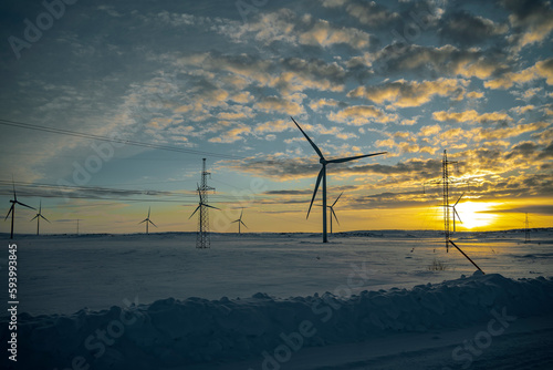 Turbines of windmills. Murmansk region. Russia March 2023