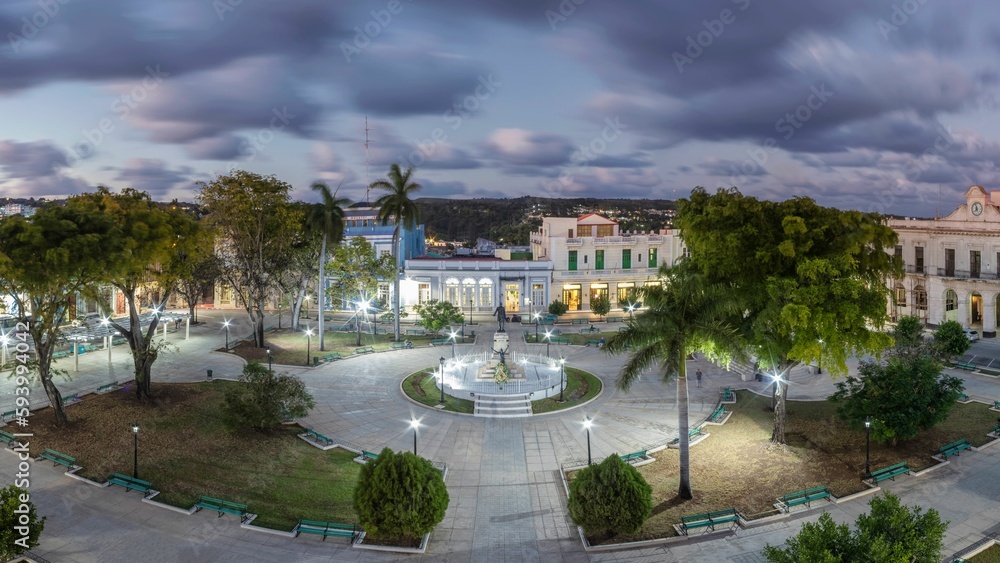 Aerial shot of La Libertad de Noche Park in the evening, Matanzas, Cuba