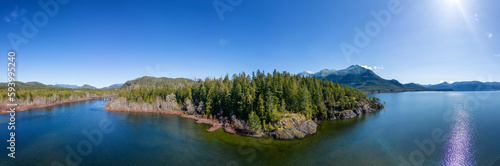 Aerial Panoramic View of Canadian Mountain Landscape and Lake. Taken in Vancouver Island, British Columbia, Canada. Nature Background Panorama