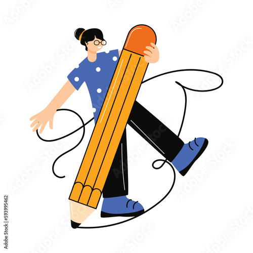 Student with a pencil. The young man is holding a pencil. Line. Draws. Writes flat vector illustration. Modern style. Icon. Hand.