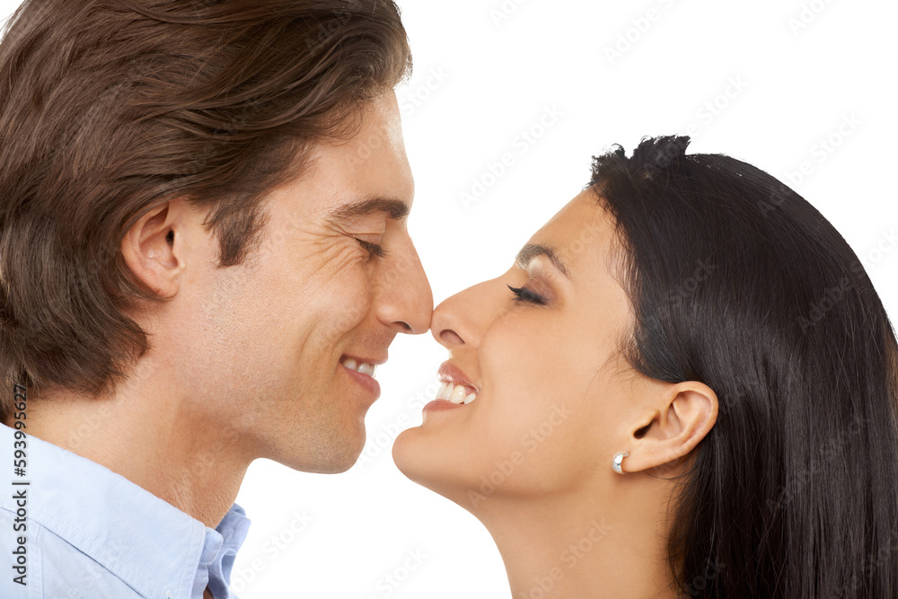 Happy, love and profile of interracial couple with smile on isolated, png and transparent background. Relationship, marriage and face of man and woman touch, embrace and bonding together for romance